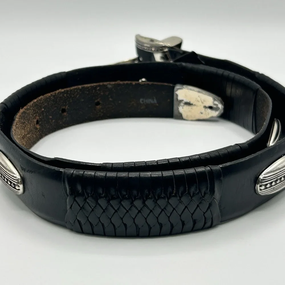 Brighton Women's Black Leather Belt Size 36 Silver Western Buckle Woven 98053